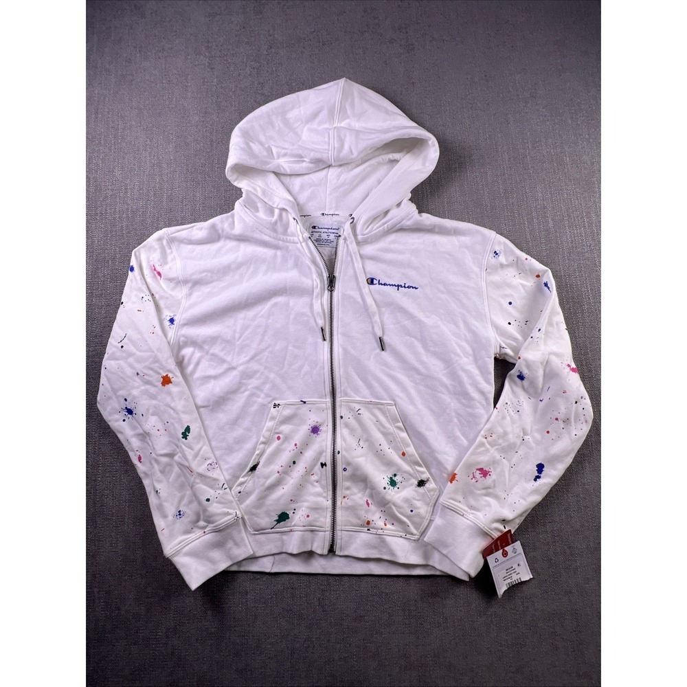 Champion Full-Zip Hoodie Women's M Campus French Terry Paint Splatter Print Wh
